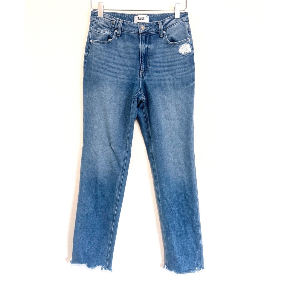 PAIGE | Noella Straight Leg Jeans Medium Wash Blue Distressed Raw Hem